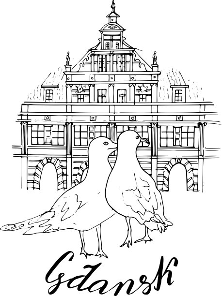 格但斯克老城背景上的海鸥。矢量插图。手绘。手写铭文“格但斯克”。为儿童和成人设计或着色。图片下载