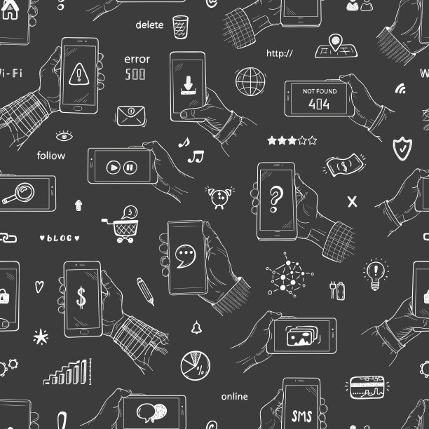 手绘涂鸦人类手握智能手机和社交媒体图标无缝模式。矢量图图片下载