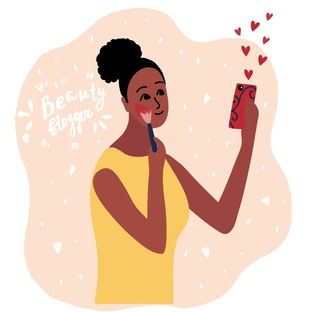非洲黑人女性美容博主展示最新潮流，并涂上腮红。化妆教程。创造内容并发布在社交媒体上。在线频道概念，女性视讯卡通矢量插图。图片下载