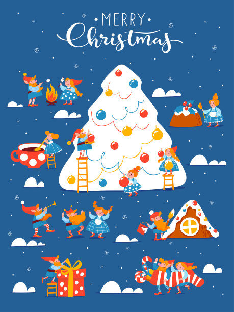 卡通圣诞hygge卡与有趣的小精灵，字母和圣诞树。图片下载