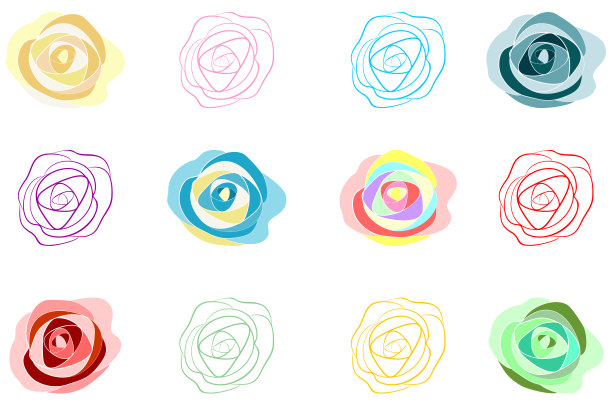 孤立在白色背景上的一组玫瑰花。矢量花剪辑艺术设计，彩色的花剪影，手绘矢量插图图片下载