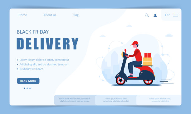 黑色星期五送货。登陆页面模板。摩托车与快速快递。平面卡通风格的现代矢量插图。图片下载