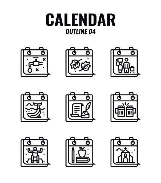 大纲图标设置的纪念和假日日历。图标set4图片下载