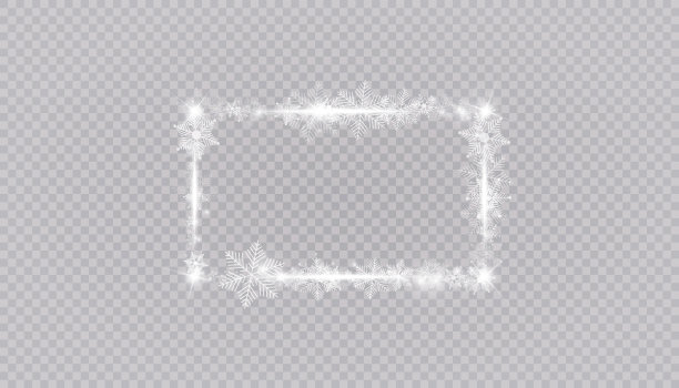 矩形的冬季雪框边框与星星，闪光和雪花在透明的背景。节日圣诞横幅，新年贺卡，明信片或邀请矢量插图图片下载