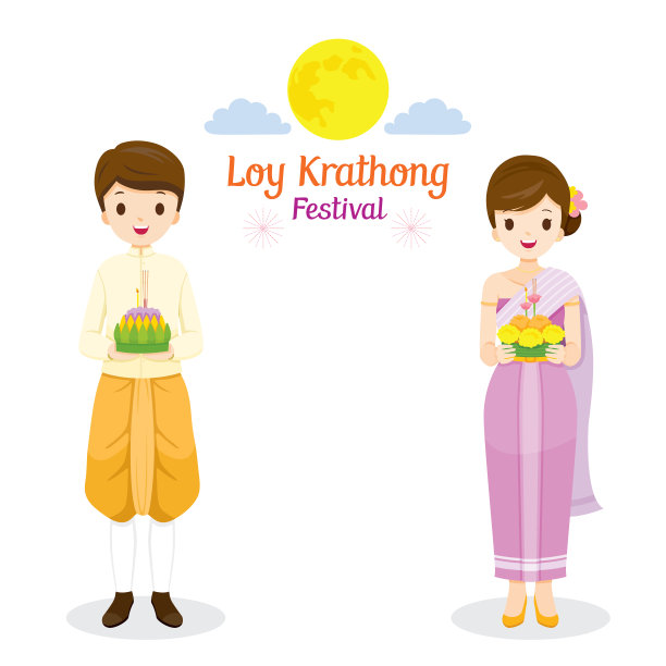 Loy Krathong节日，夫妇在传统泰国服装，民族服装站立，庆祝和泰国文化图片下载