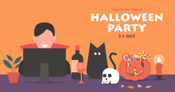 穿着吸血鬼服装的男子在家里用笔记本电脑在线庆祝万圣节图片下载