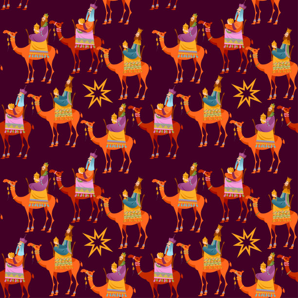 三位圣经中的国王(卡斯帕、梅尔基奥和巴尔萨泽)跟随这颗星。三个骑骆驼的智者。无缝的背景图案。图片下载