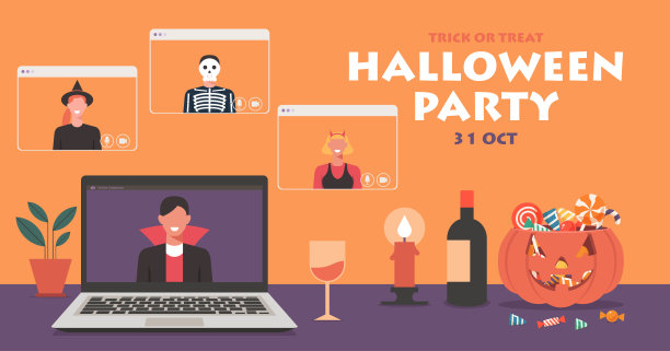 人们在家里的笔记本电脑上进行视频电话庆祝万圣节在线派对图片下载