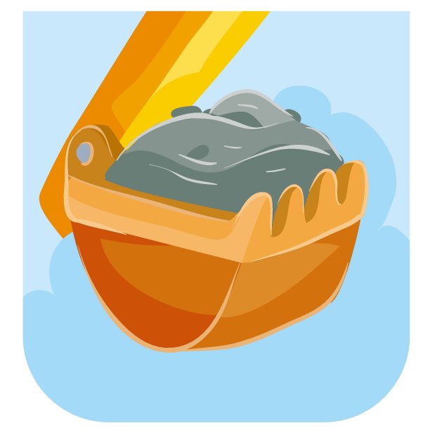 挖掘机铲斗填土，卡通插图，白色背景上的孤立物体，矢量插图，图片下载