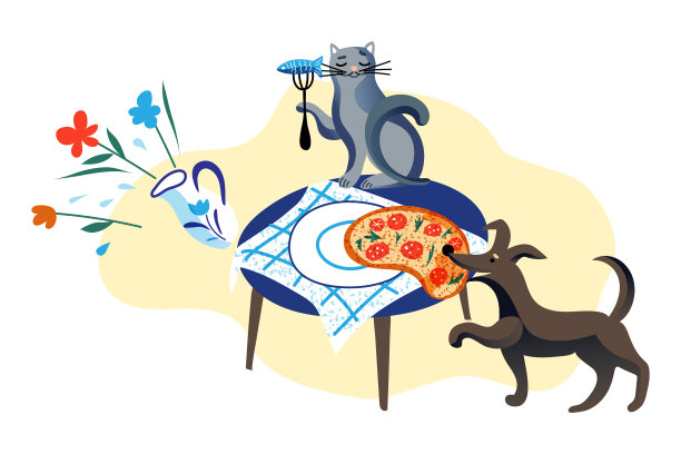 狗从桌子上偷披萨，猫吃鱼图片下载