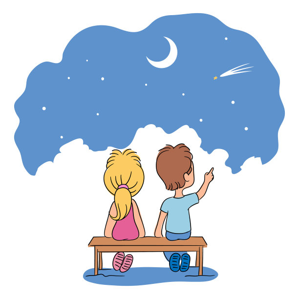 小朋友们坐在长凳上看天空图片下载