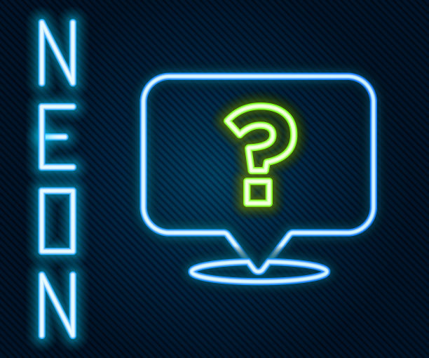 发光氖气线问号图标孤立在黑色背景。常见问题的迹象。复制文件，聊天语音气泡和图表。色彩斑斓的轮廓的概念。向量图片下载