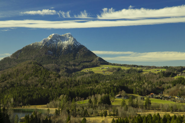奥地利阿尔卑斯山郊外的高原乡村景观，在寒冷的初秋时节，在雪山和绿草如茵的草地上，在村舍附近拍摄软焦照片图片下载