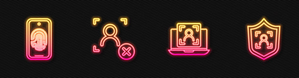 设置线笔记本电脑面部识别，移动指纹扫描，拒绝和屏蔽。发光的霓虹灯图标。向量图片下载