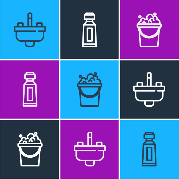 设有水龙头的洗脸盆，桶装肥皂泡沫和牙膏管图标。向量图片下载