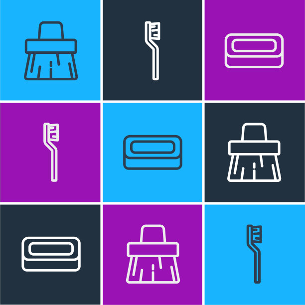 设置线把手扫帚，肥皂条和牙刷图标。向量图片下载