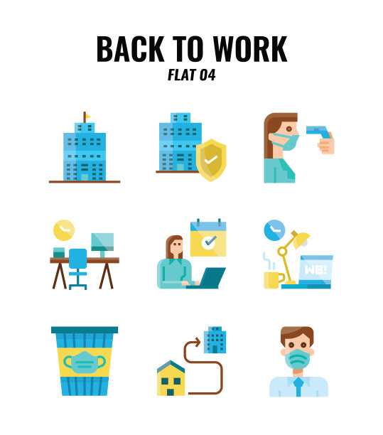 平面图标设置回到工作和社会距离的概念。图标set4Flat图标设置返回工作和社会距离的概念。图标set4图片下载