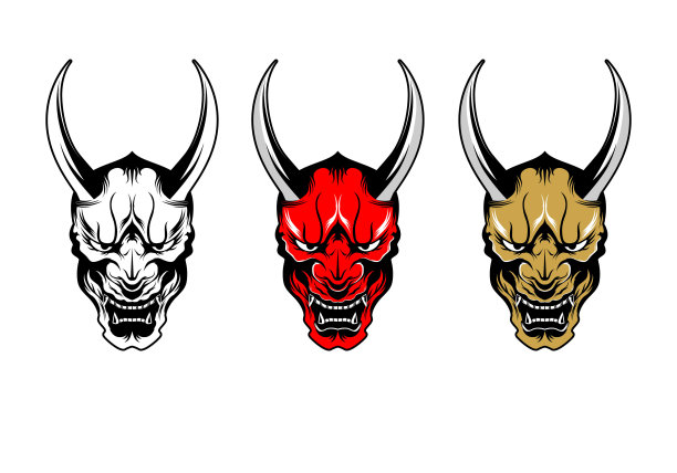 孤立的3色日本恶魔汉尼亚面具矢量插图集图片下载