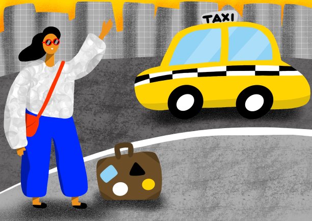 一位戴着墨镜、带着行李的女士正要搭出租车。图片下载