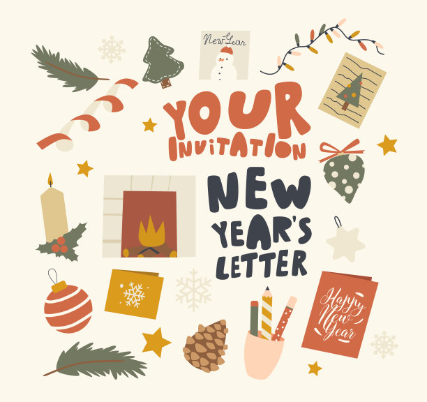 一套图标圣诞贺卡和信件。圣诞节和新年假日传统装饰冷杉树，火的地方图片下载