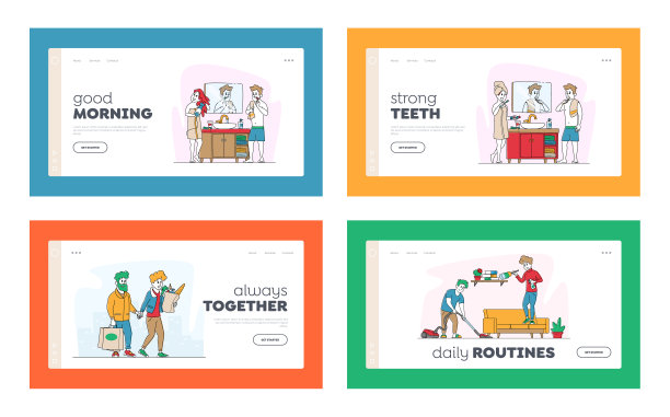 幸福夫妇字符每天例行事项登陆页模板集。男人和女人一起在杂货店购物图片下载