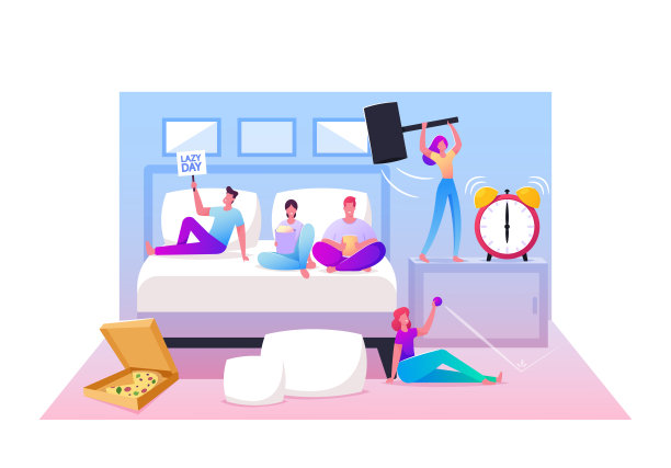 慵懒的周末的概念。男女角色躺在床上，在家放松看电视，吃快餐和披萨图片下载