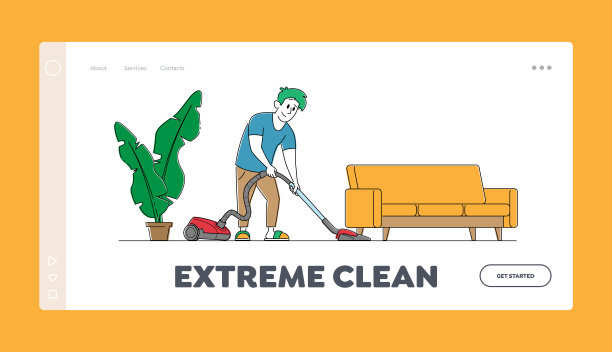 每天例行公事，周末家务登陆页面模板。人物吸尘家与真空吸尘器在房间图片下载