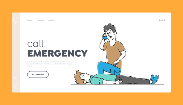 心肺复苏医疗护理登陆页面模板。男性角色紧急呼叫救护车，急救图片下载