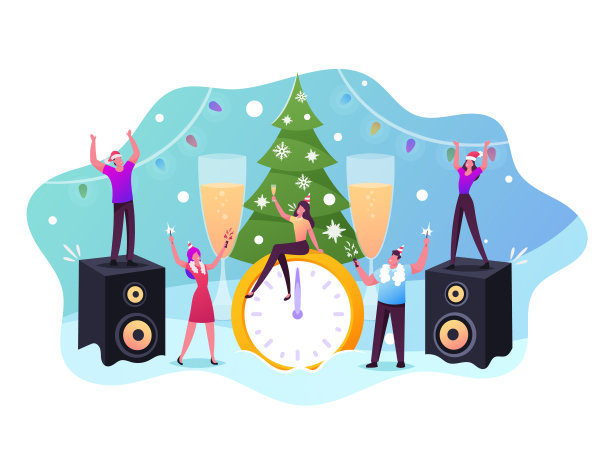 欢乐的朋友或同事新年晚会。圣诞帽上的小角色在圣诞树上跳舞庆祝圣诞图片下载