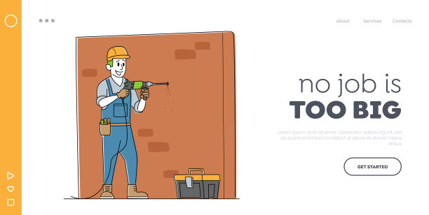 工人性格钻墙登陆页面模板。家居维修服务，建筑，翻新和改建工程图片下载