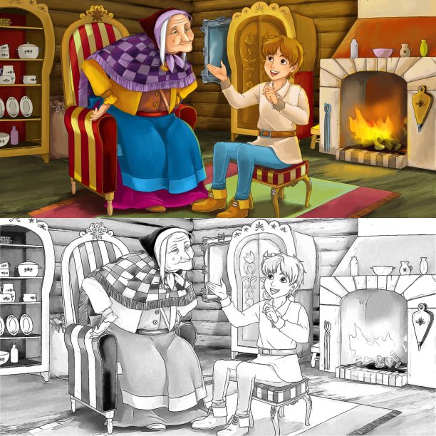 卡通场景与素描与母亲或祖母和男孩在农场的房子-插图图片下载