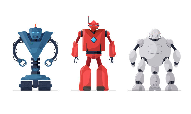 机器人详细卡通人物集。未来机器人技术概念。友好的机械自主计算机类人人工智能助手矢量插图图片下载