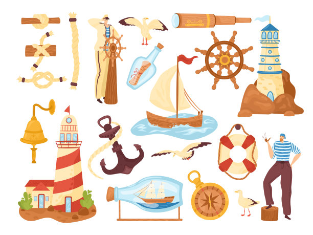 海洋海洋和海洋元素收集，航海矢量插图图标集。海洋探险设备。图片下载