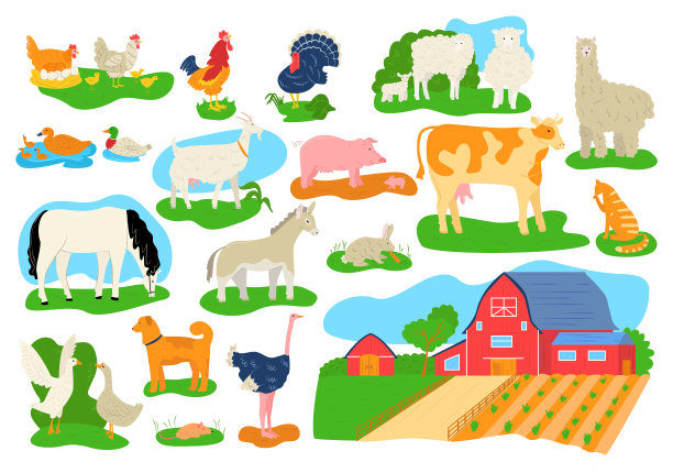 农场家畜图标设置孤立的矢量插图。牛，马，猪，山羊和绵羊，鸡，公牛和兔子。农场的谷仓。图片下载
