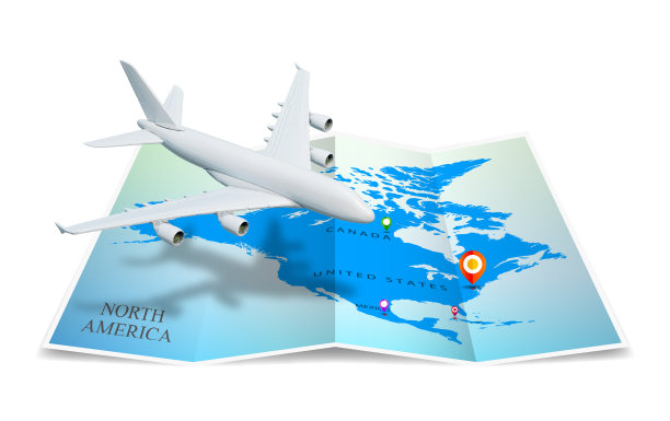 北美地图折叠，全球航空公司孤立在白色背景图片下载