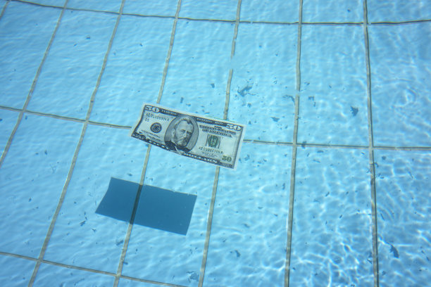 50美元的钞票在清澈的蓝色水面上游泳图片下载