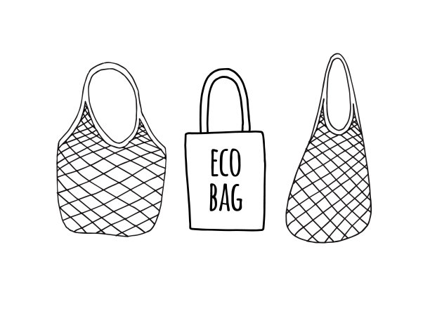 向量集手绘涂鸦素描购物可重复使用的杂货布绳网棉环保袋图片下载
