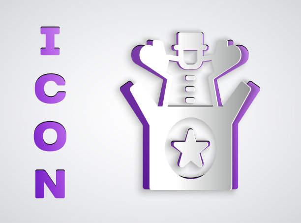 剪纸杰克在盒子玩具图标孤立在灰色的背景。跳出盒子的小丑。纸艺术风格。向量图片下载