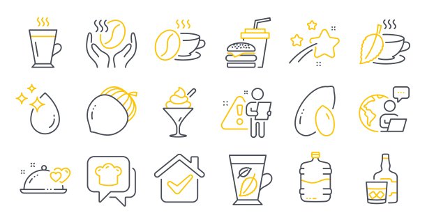 一套食物和饮料的图标，如薄荷叶，水滴，浪漫的晚餐符号。向量图片下载