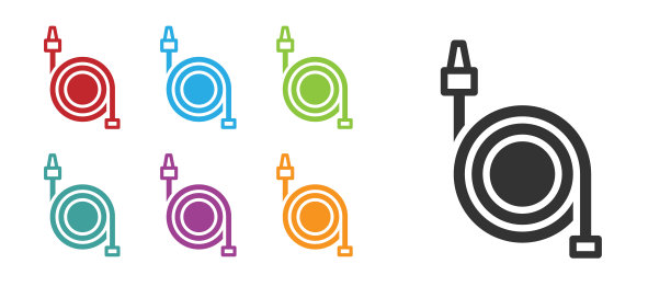 黑色消防水带卷轴图标孤立在白色背景。设置图标丰富多彩。向量图片下载