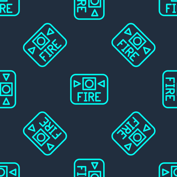 绿色线火灾报警系统图标隔离无缝模式上的蓝色背景。拉危险消防安全箱。向量图片下载