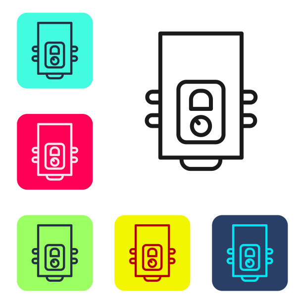 黑线燃气锅炉与燃烧的火焰图标隔离在白色背景。设置图标的颜色方形按钮。向量图片下载