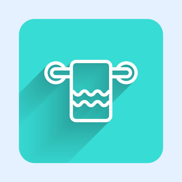 挂在衣架上的白色毛巾图标与长阴影隔离。浴室毛巾图标。绿色广场按钮。向量图片下载