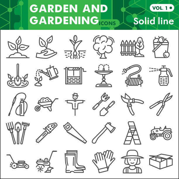 园林和园艺线图标设置，农业符号收集或素描。农业线性风格的标志web和应用程序。矢量图形孤立在白色背景。图片下载