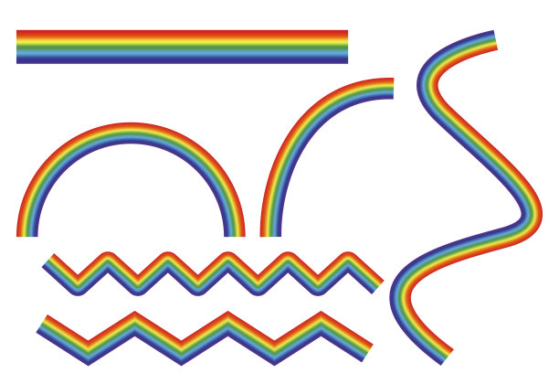 不同形状的彩虹。一组彩色线条。多色条纹的集合。矢量插图。股票的照片。图片下载