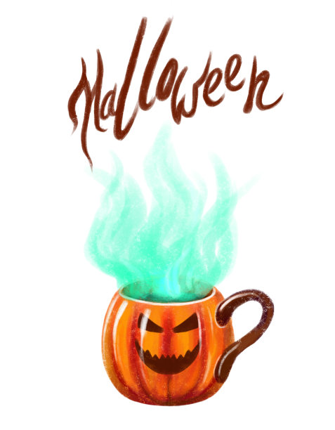 一个南瓜头作为马克杯的插图。手绘的神奇形象，微笑和神奇的绿色烟雾从杯子。用手给万圣节命名。图片下载