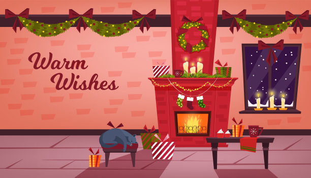 圣诞矢量屋内部有壁炉，砖墙，窗户，睡觉的猫，礼物。图片下载