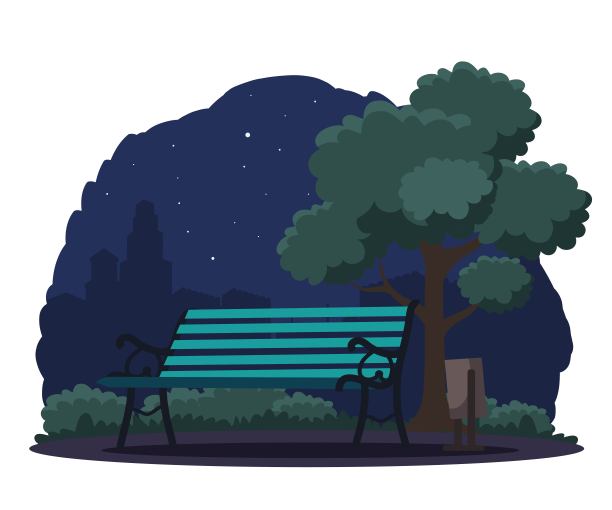 公共城市公园在夜晚的背景。街道上有绿树、灌木丛和草地。城市夏季户外矢量插图。木凳、灯笼、垃圾桶等景观图片下载