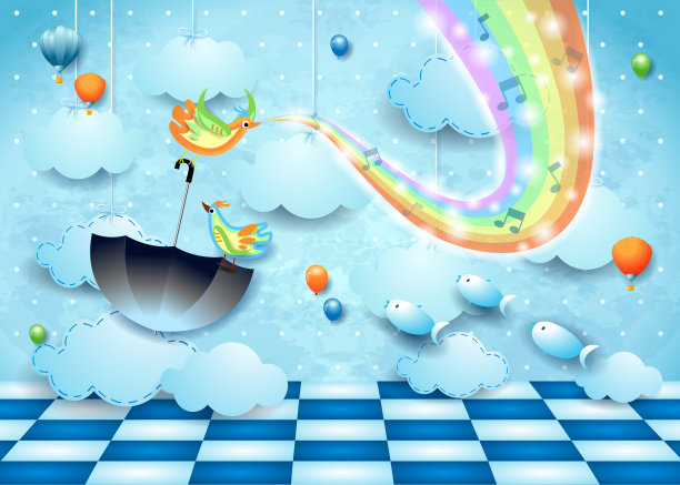 美妙的风景有彩虹的颜色，音乐，地板和飞行伞图片下载