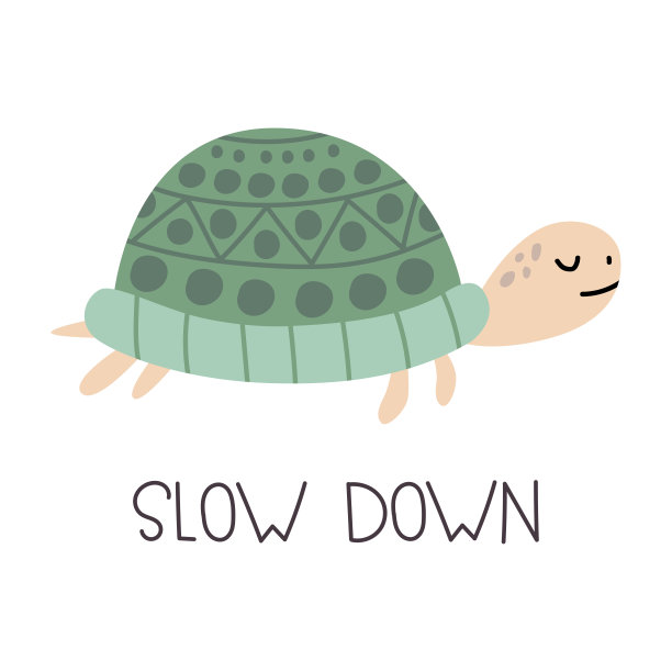 可爱的有字母的乌龟慢点。矢量插图在平面风格孤立在白色背景。贴纸、贴片或海报的绝佳设计元素。图片下载